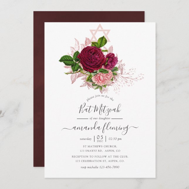 Shabby-Chic Blush and Burgundy Bat Mitzvah Invitation (Front/Back)