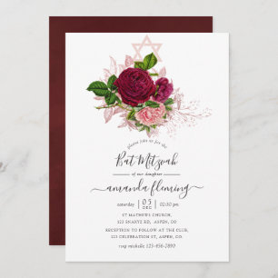 Shabby-Chic Blush and Burgundy Bat Mitzvah Invitation