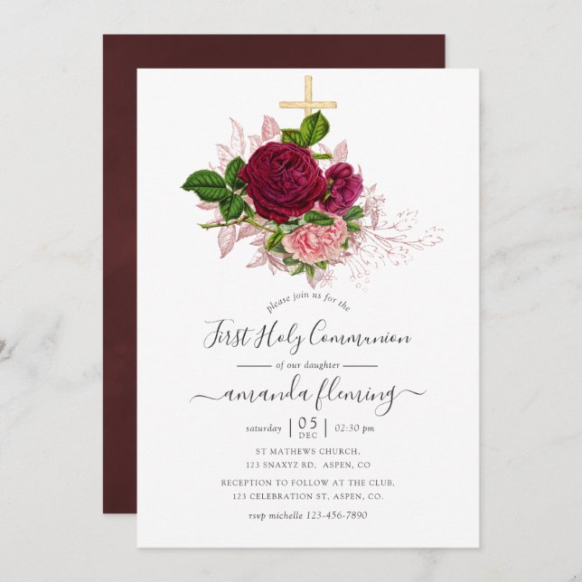 Shabby-Chic Blush and Burgundy Holy Communion Invitation (Front/Back)