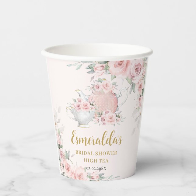 Shabby Chic Blush Floral High Tea Bridal Shower Paper Cups (Front)