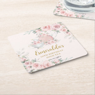 Shabby Chic Blush Floral High Tea Party Birthday  Square Paper Coaster