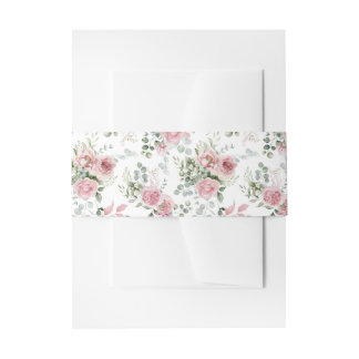 Shabby Chic Blush Pink Roses Eucalyptus Greenery  Invitation Belly Band