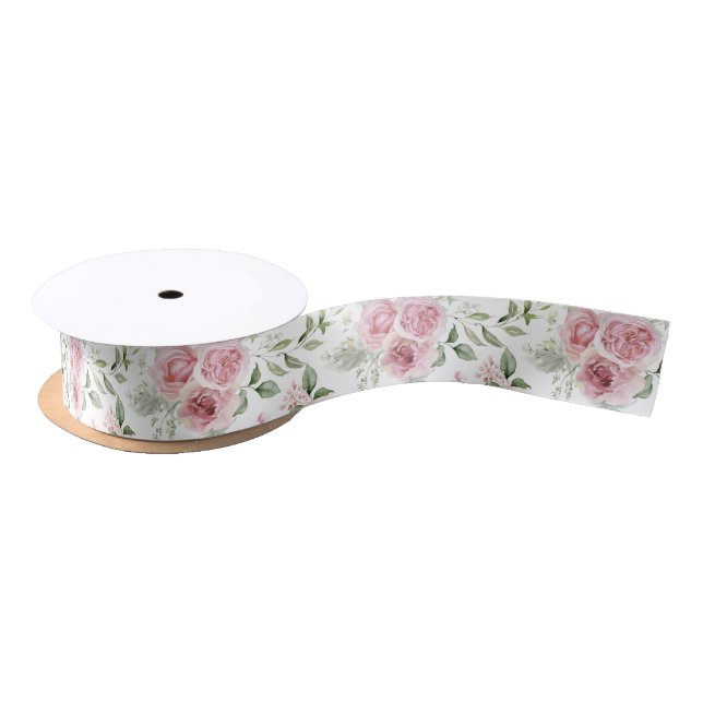 Shabby Chic Blush Pink Roses Eucalyptus Greenery  Satin Ribbon (Spool)