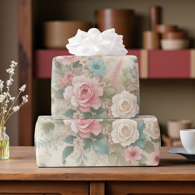 Shabby Chic Blush Pink Sage Green Boho Floral Rose Wrapping Paper (Creator Uploaded)