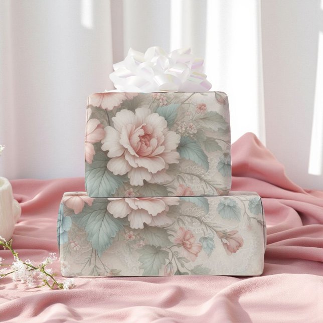 Shabby Chic Blush Pink Sage Green Boho Floral Rose Wrapping Paper (Creator Uploaded)