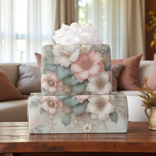 Shabby Chic Blush Pink Sage Green Boho Floral Rose Wrapping Paper (Creator Uploaded)