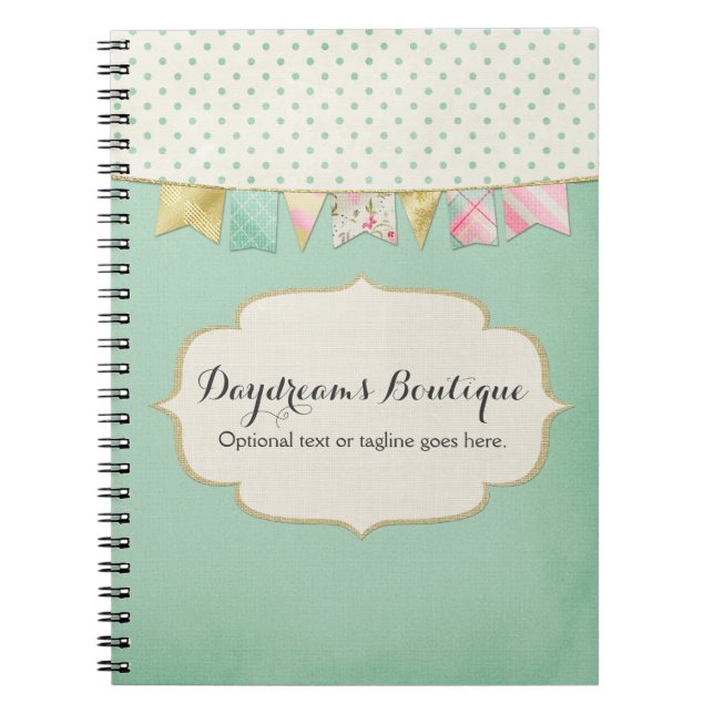 Shabby Chic Boutique Bunting in Pink, Mint & Gold Notebook (Front)