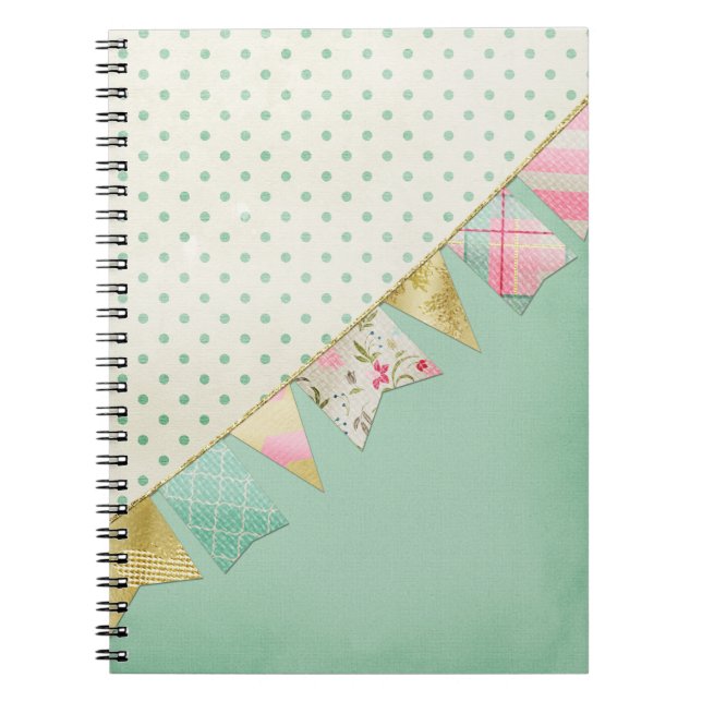 Shabby Chic Boutique Bunting in Pink, Mint & Gold Notebook (Front)