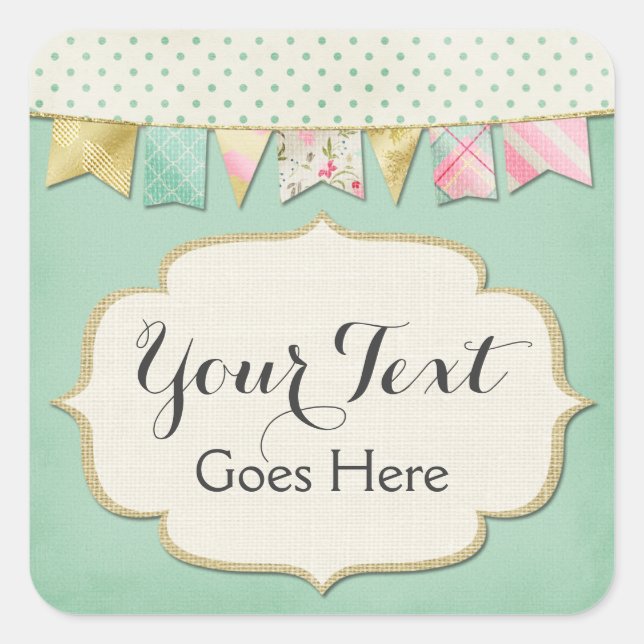 Shabby Chic Boutique Bunting in Pink, Mint & Gold Square Sticker (Front)
