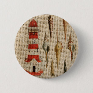 shabby chic burlap coastal seashell lighthouse 6 cm round badge