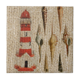shabby chic burlap coastal seashell lighthouse ceramic tile