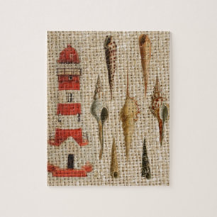 shabby chic burlap coastal seashell lighthouse jigsaw puzzle