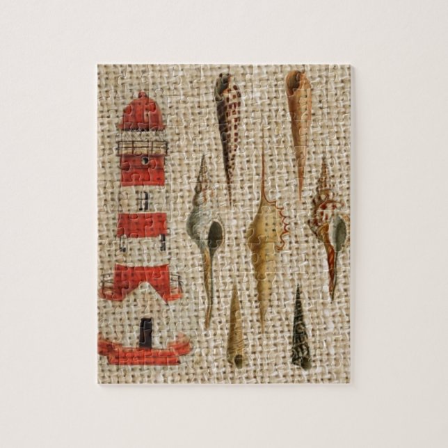 shabby chic burlap coastal seashell lighthouse jigsaw puzzle (Vertical)