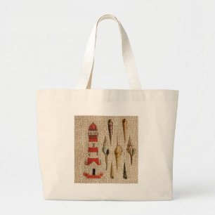 shabby chic burlap coastal seashell lighthouse large tote bag