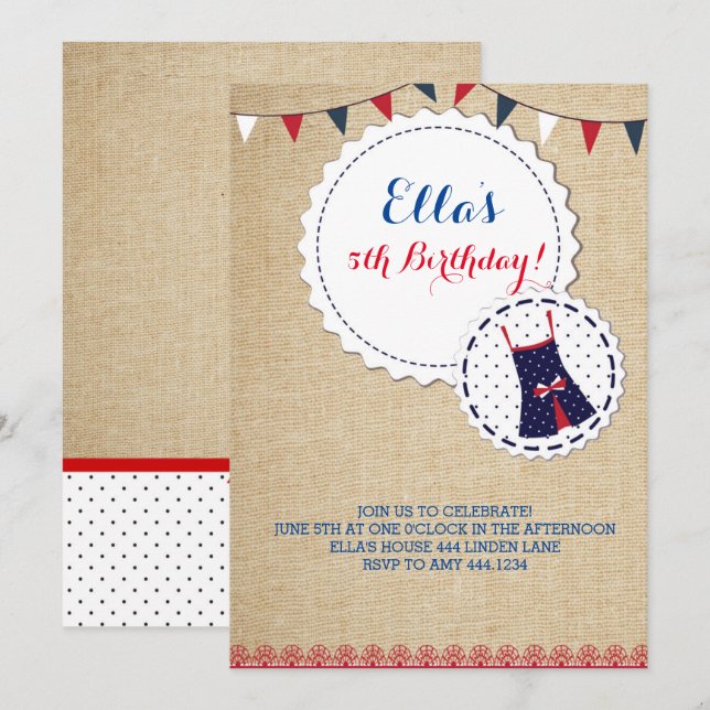 Shabby Chic Burlap Navy Red Birthday Invitations (Front/Back)