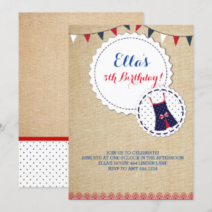 Shabby Chic Burlap Navy Red Birthday Invitations