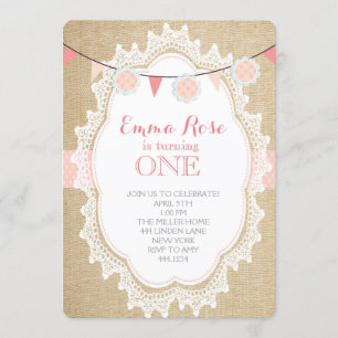 Shabby Chic Burlap Pink Birthday Invitations