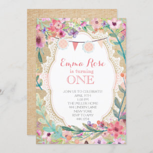 Shabby Chic Burlap Pink Birthday Invitations