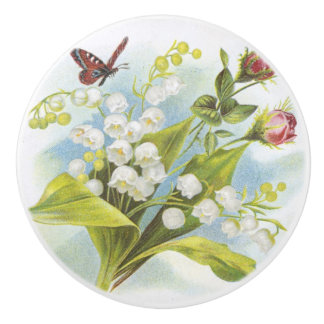 Shabby Chic Butterfly, Roses & Lily of the Valley Ceramic Knob