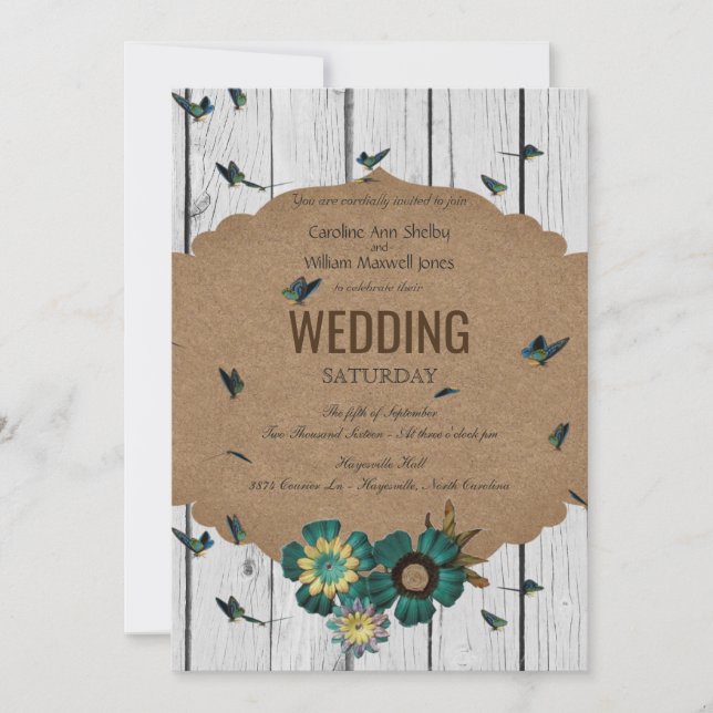 Shabby Chic Butterfly Wood Wedding Invitation (Front)