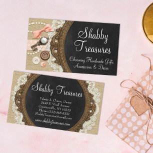 Shabby Chic Chalkboard, Rustic Burlap & Coral Bow Business Card