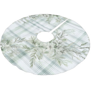 Shabby Chic Christmas Floral Green Plaid Brushed Polyester Tree Skirt