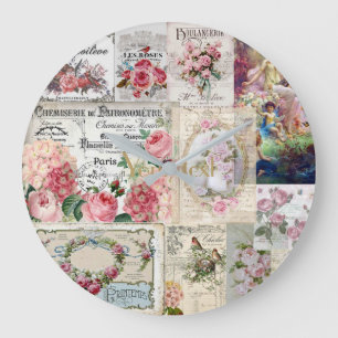 Shabby chic collage,country victorian,decoupage,mo large clock