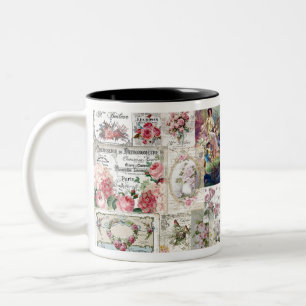 Shabby chic collage,country victorian,decoupage Two-Tone coffee mug