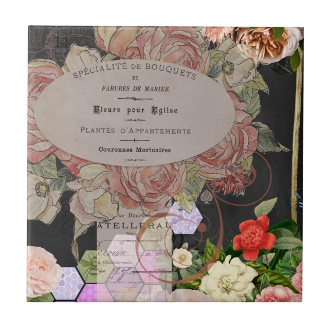 Shabby chic collage, French chic,country rustic,fl Ceramic Tile (Front)