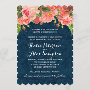 Shabby Chic Coral and Navy Blue Wedding Invitation