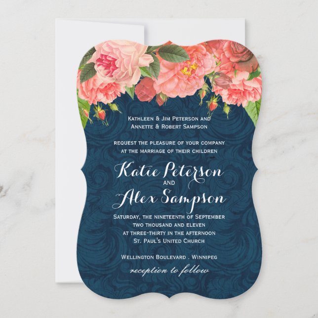 Shabby Chic Coral and Navy Blue Wedding Invitation (Front)
