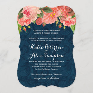 Shabby Chic Coral and Navy Blue Wedding Invitation