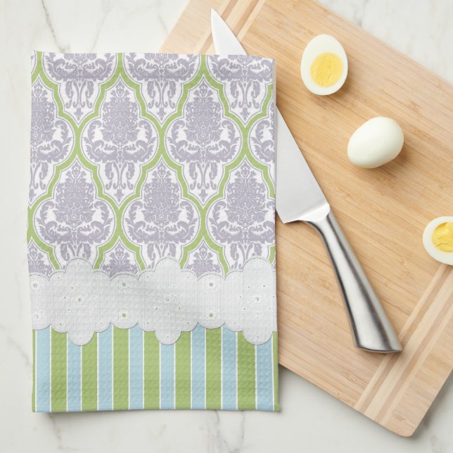 Shabby Chic Damask Lilac & Green Tea Tea Towel (Quarter Fold)