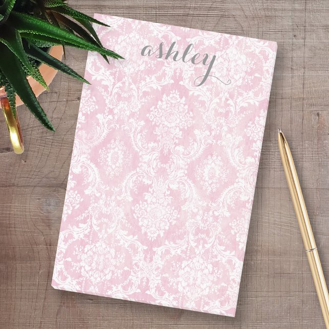 Shabby Chic Damask Pattern Pastel Pink Grey Name Post-it Notes (Custom Post-it Note Pads - Add your name and other text)