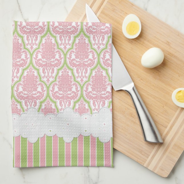 Shabby Chic Damask Pink & Green Tea Tea Towel (Quarter Fold)