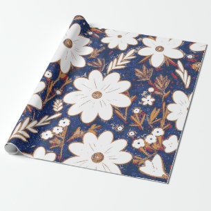 Shabby Chic Deep Blue White Retro Daisy Pattern Wrapping Paper