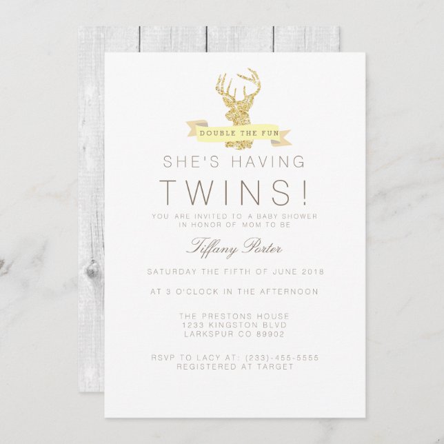Shabby Chic Deer Twins Baby Shower Invitation (Front/Back)