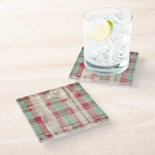 Shabby Chic Distressed Christmas Tartan Glass Coaster