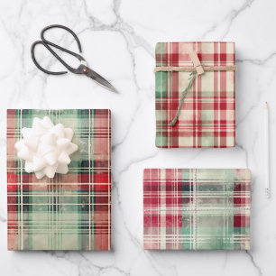 Shabby Chic Distressed Christmas Tartan Mix Wrapping Paper Sheet