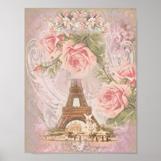 Shabby Chic Eiffel Tower and Roses Poster (Front)