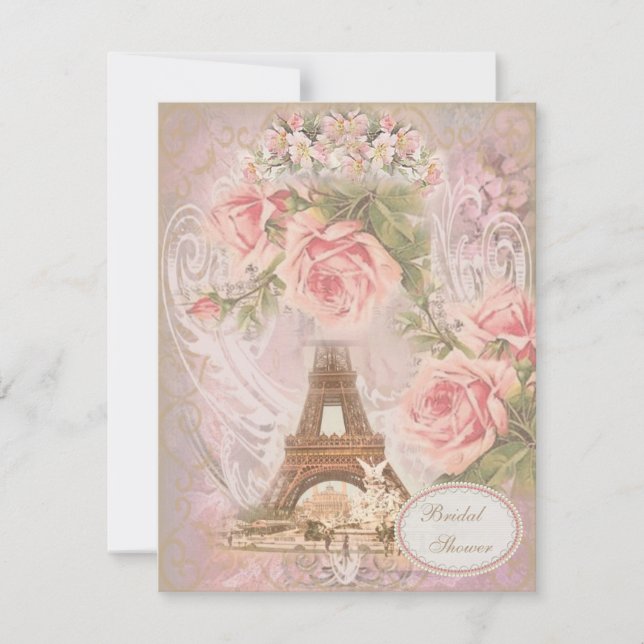 Shabby Chic Eiffel Tower Pink Floral Bridal Shower Invitation (Front)