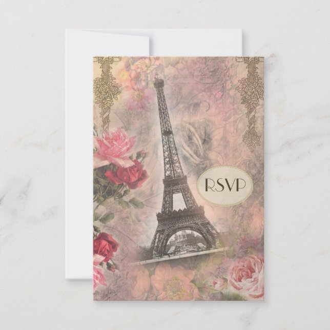 Shabby Chic Eiffel Tower & Roses RSVP (Front)