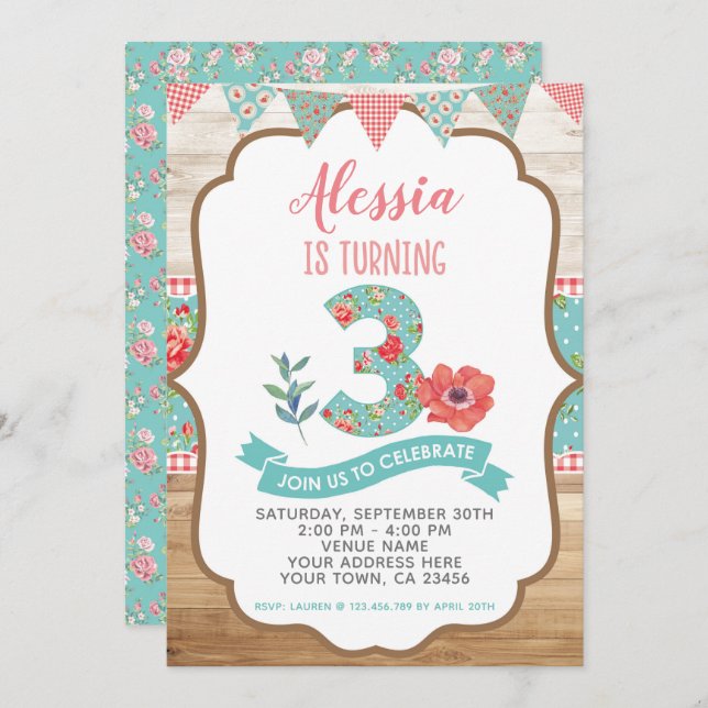 Shabby Chic Floral 3rd Birthday Invitation (Front/Back)