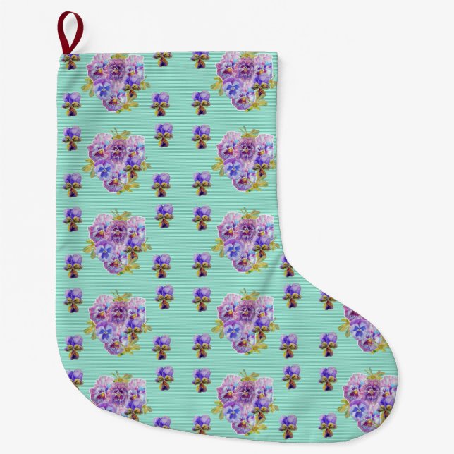 Shabby Chic Floral Aqua Stripe Christmas Stocking (Front)