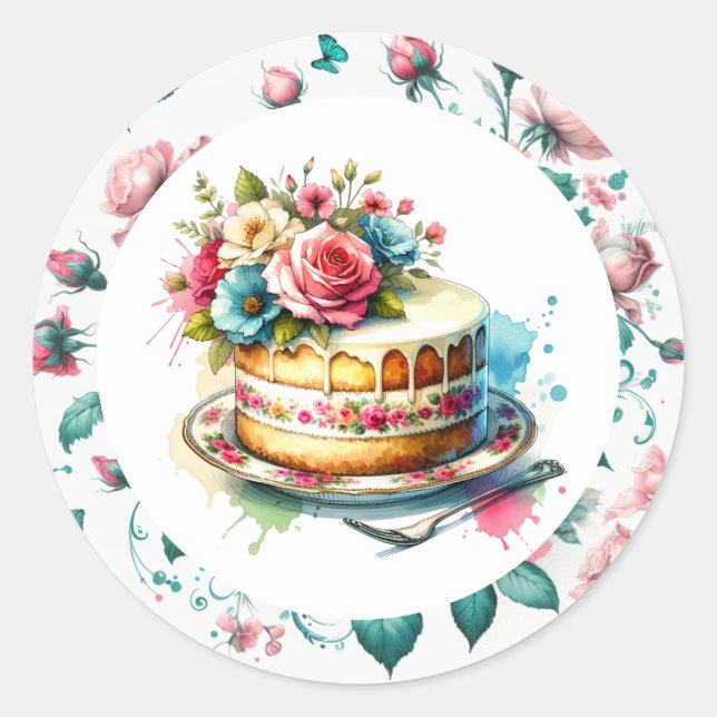 Shabby Chic Floral Birthday Cake Classic Round Sticker (Front)