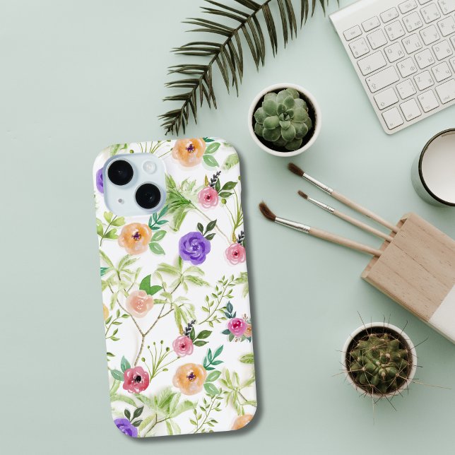 Shabby Chic Floral Case-Mate iPhone Case (Watercolor Purple Peach Red Floral with Greenery iPhone or Samsung case)