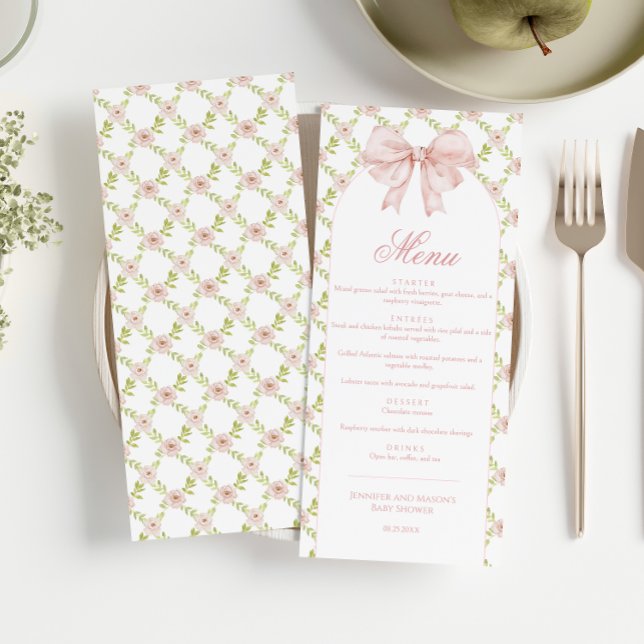 Shabby Chic Floral Cute Pink Bow Baby Girl Shower  Menu (Creator Uploaded)