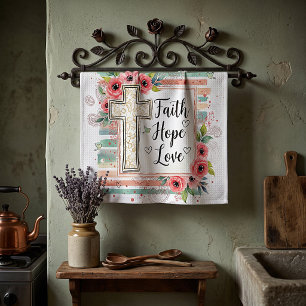 Shabby Chic floral Faith Hope Love Tea Towel