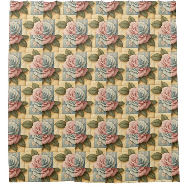 Shabby Chic Floral Faux Quilt Pattern Shower Curtain (Front)