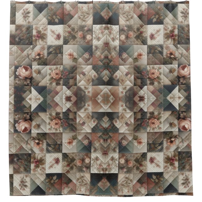 Shabby Chic Floral Faux Quilt Pattern Shower Curtain (Front)